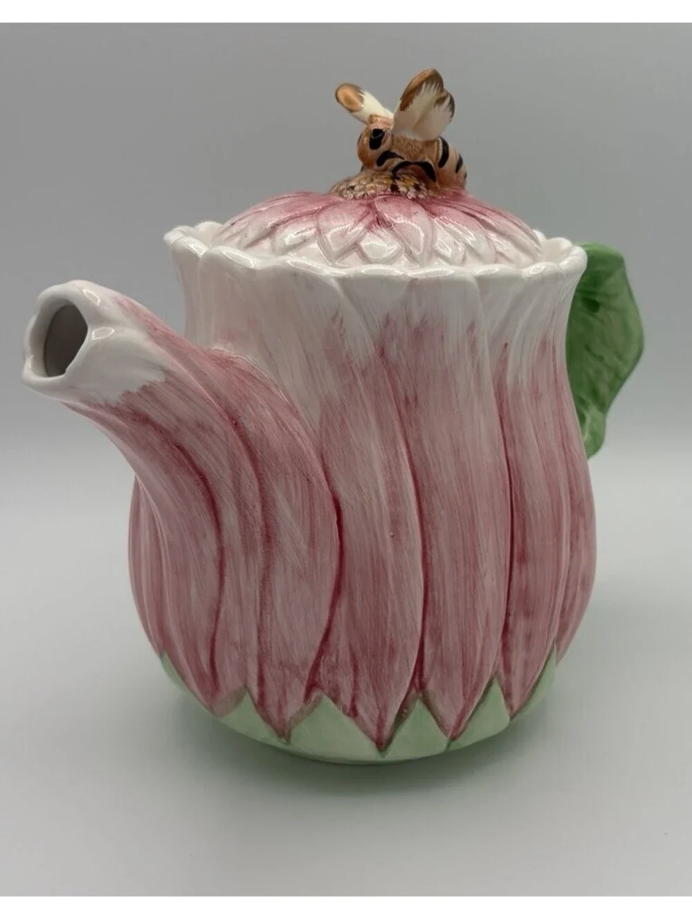Vintage The Bombay Company Pink Gerber Daisy Teapot with Bumble Bee Lid